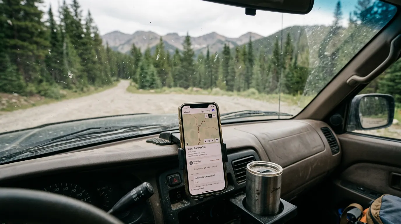 An RV trip planner open on a phone mounted to a pickup's dash, parked at a gravel pullout on a forest road