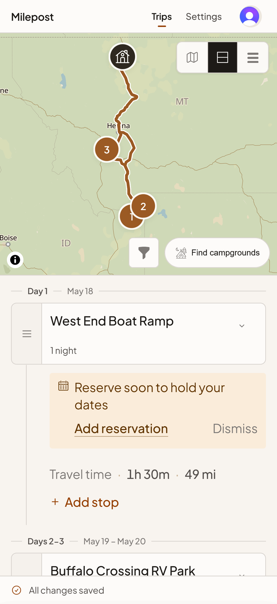 Day 1 of a Milepost trip on a phone, showing the West End Boat Ramp stop with a Reserve soon to hold your dates banner and Add reservation and Dismiss actions